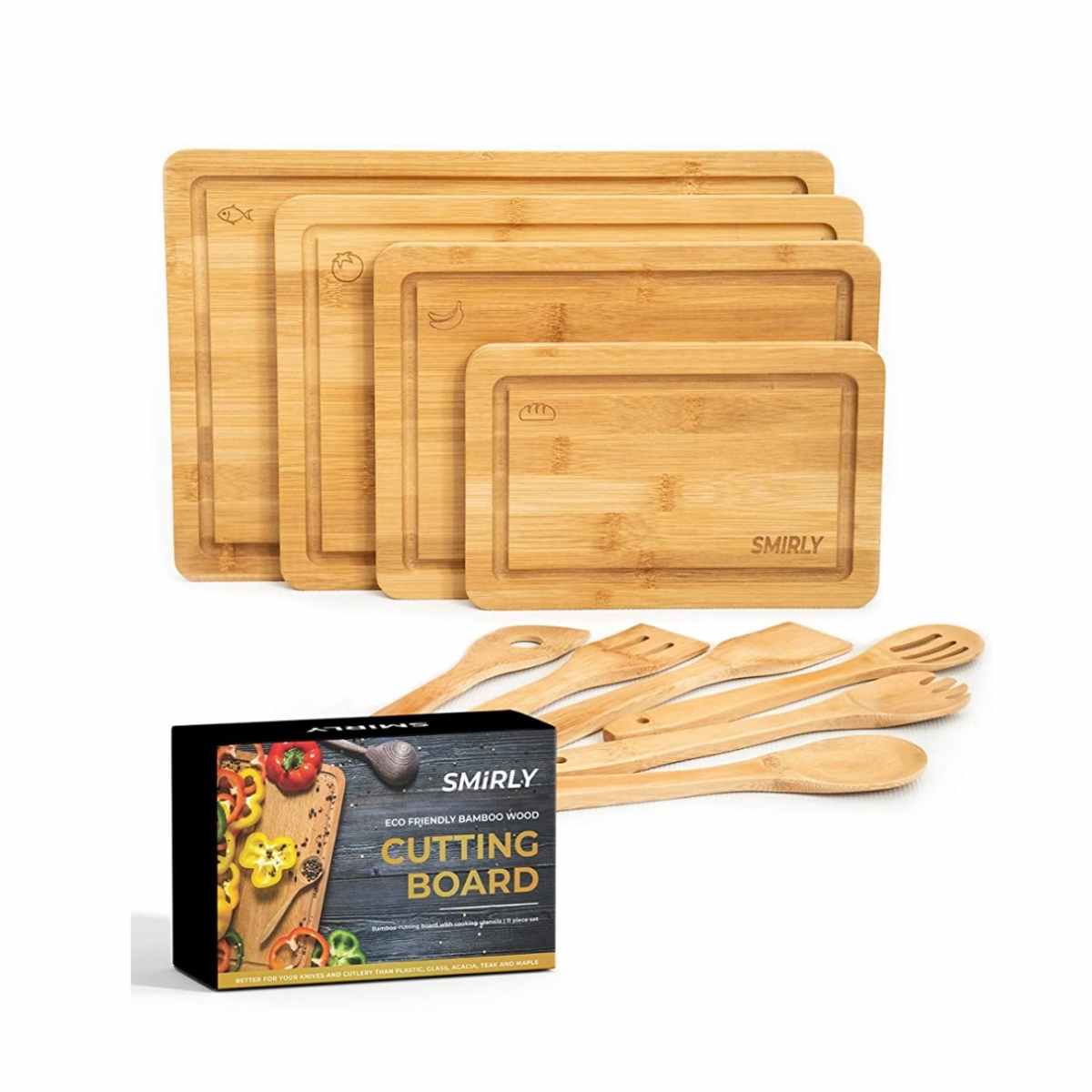 Smirly bamboo cutting board with 6 utensils