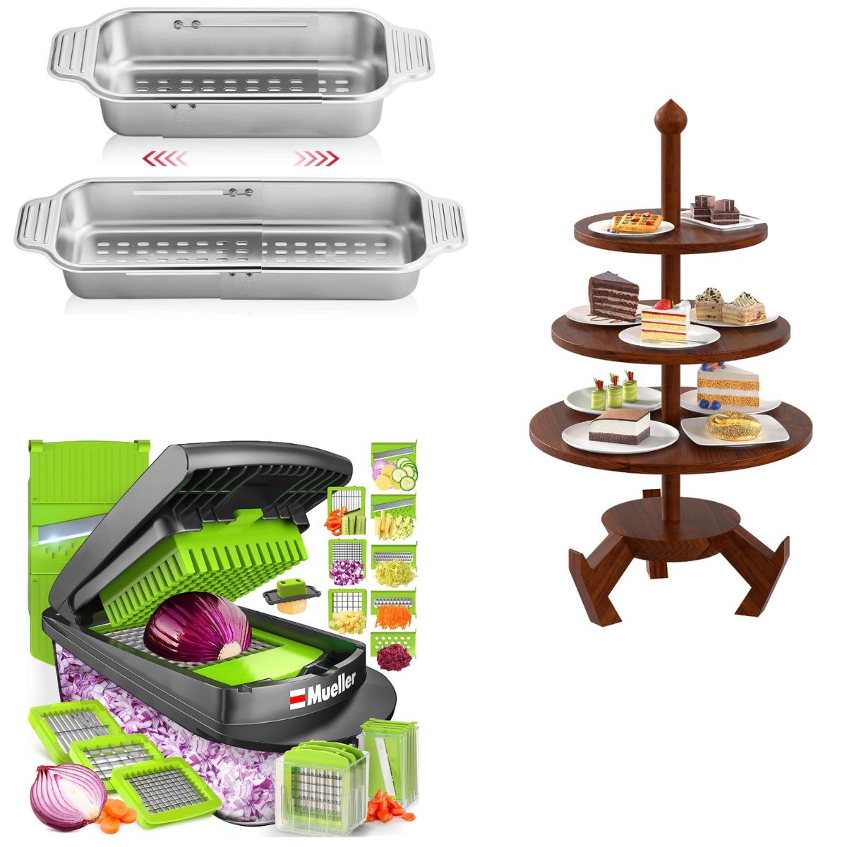 Expandable colander $11+, Mueller Pro series chopper $23+, Wooden food  display stand $14+