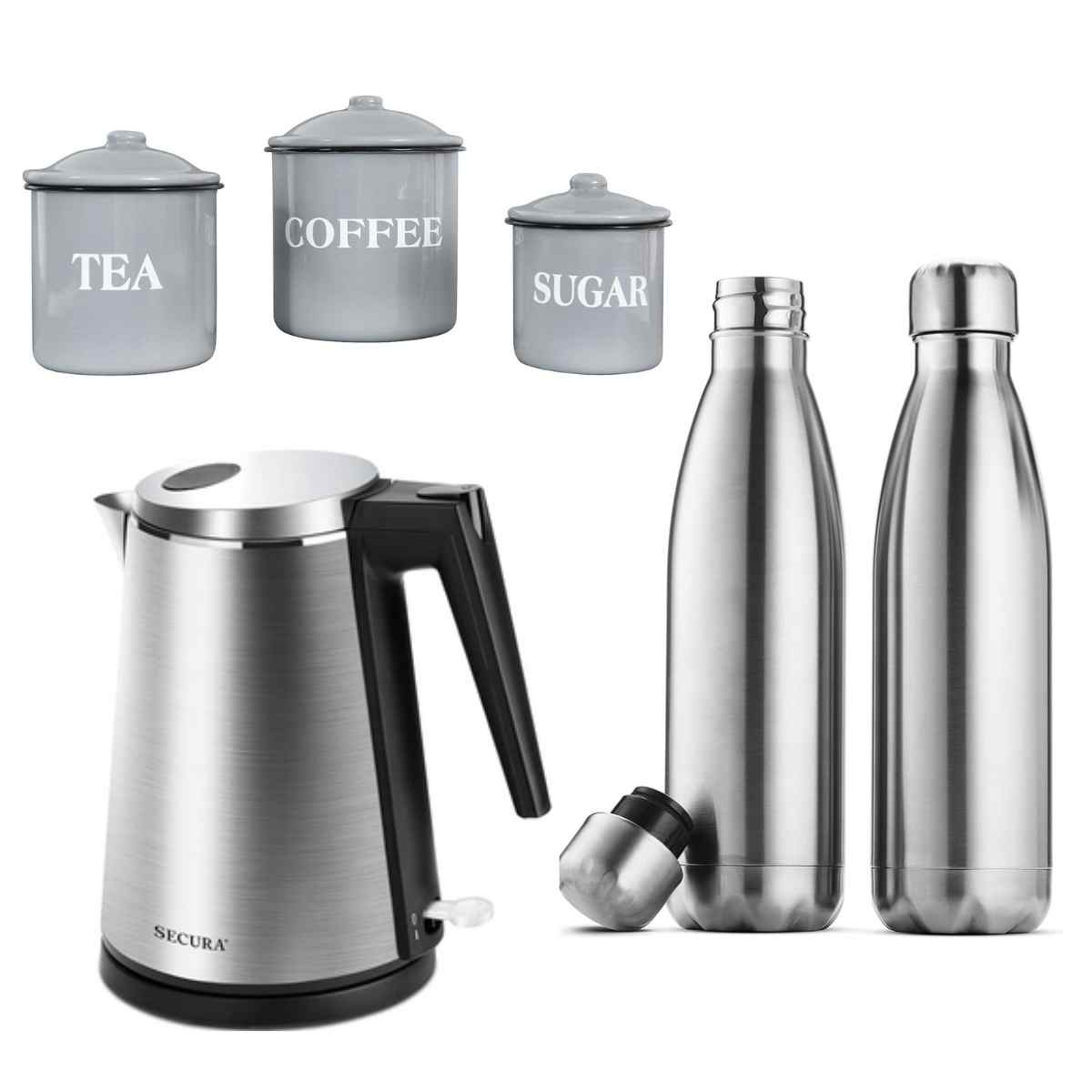 3 canisters, $9+, Secura 1.5L SS electric kettle, $19+, 2 SS bottles, $9+