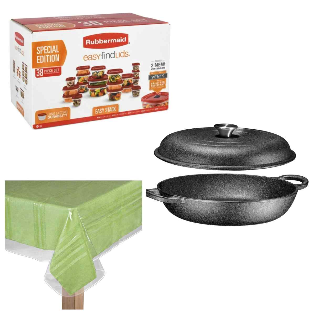 Rubbermaid 38-pc set, $9.00, Table protector, $6+, 3.8 quart enameled  cast iron Dutch oven, $27+