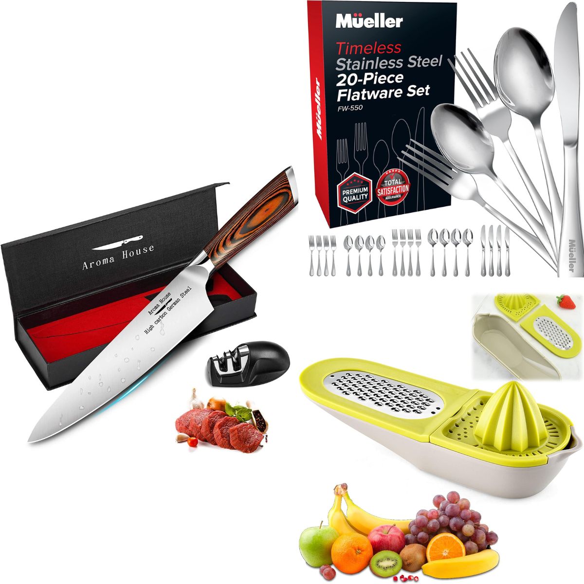 Mueller 20-pc SS cutlery set $7+, Chef's knife + knife sharpener $8+, Citrus juicer $4+