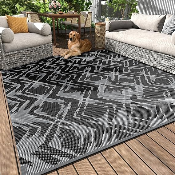 MontVoo Outdoor Rug Waterproof-Patio Rug Mat 5x7 Outdoor Carpet Reversible RV Camping Picnic Plastic Straw Rug Outside Outdoor Area Rug for Balcony Deck Backyard Patio Decor Modern Abstract