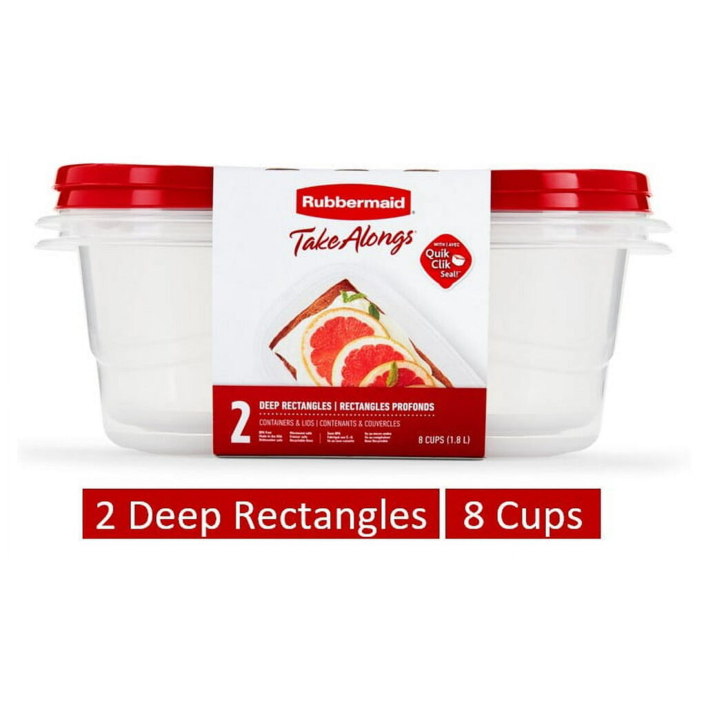 Rubbermaid TakeAlongs, 8 Cups, 2 Packs, Red, Plastic Deep Rectangle Food Storage Containers