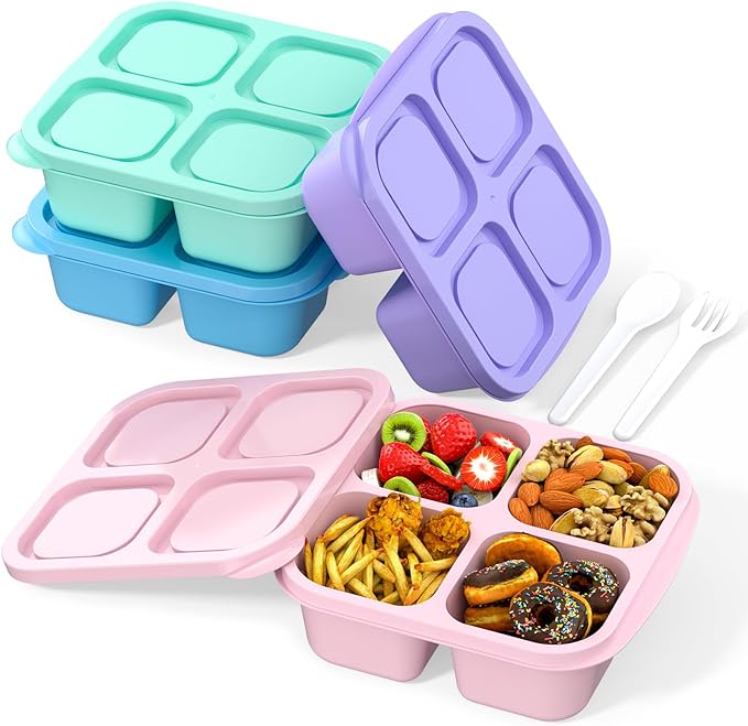 RGNEIN Bento Lunch Box for Kids (4 Pack) - 4-Compartment Salad Container for Lunch, Reusable BPA-Free Food Prep Containers, Snack Container for School, Work, and Travel (Solid Color)