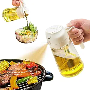 YARRAMATE Oil Sprayer for Cooking, 2 in 1 Olive Oil Dispenser Bottle for Kitchen, 16oz/470ml Premium Glass Oil Bottle, Food-grade Oil Mister for Air Fryer, Salad, Frying, BBQ (Creamy White)