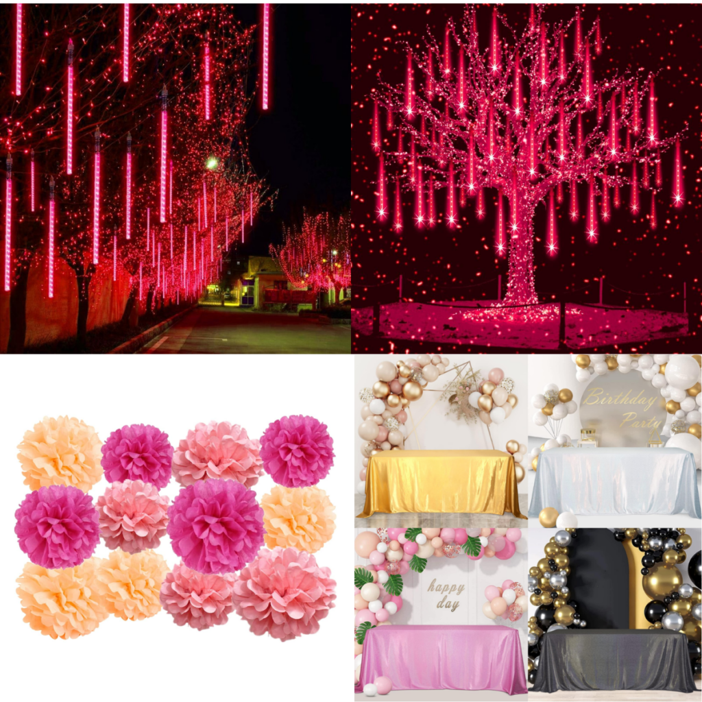 Sequin Tablecloth 5+ LED Icicle Lights 5+ Paper Pom Poms Kit 4