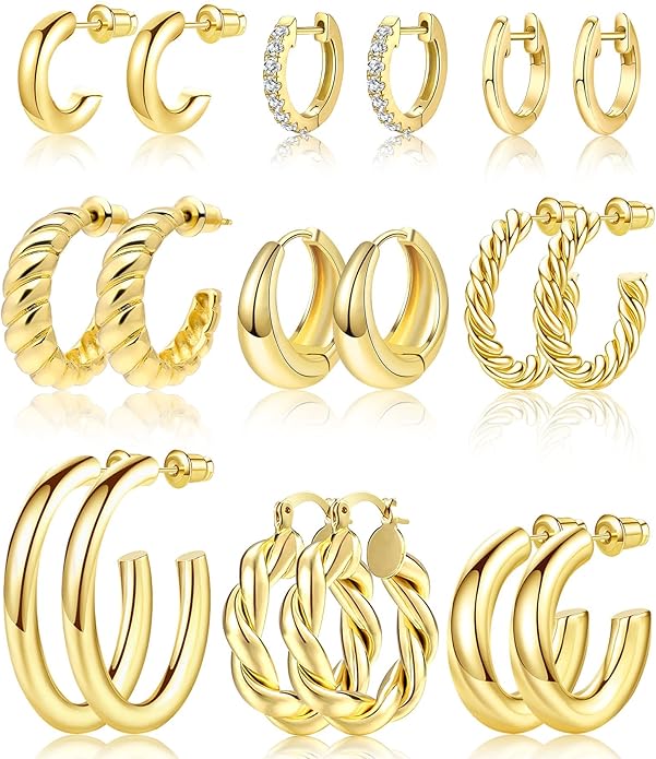 9pairs gold hoop earrings 5+ 3pk hair wax sticks 6+ 3pc reusable shower cap set 4