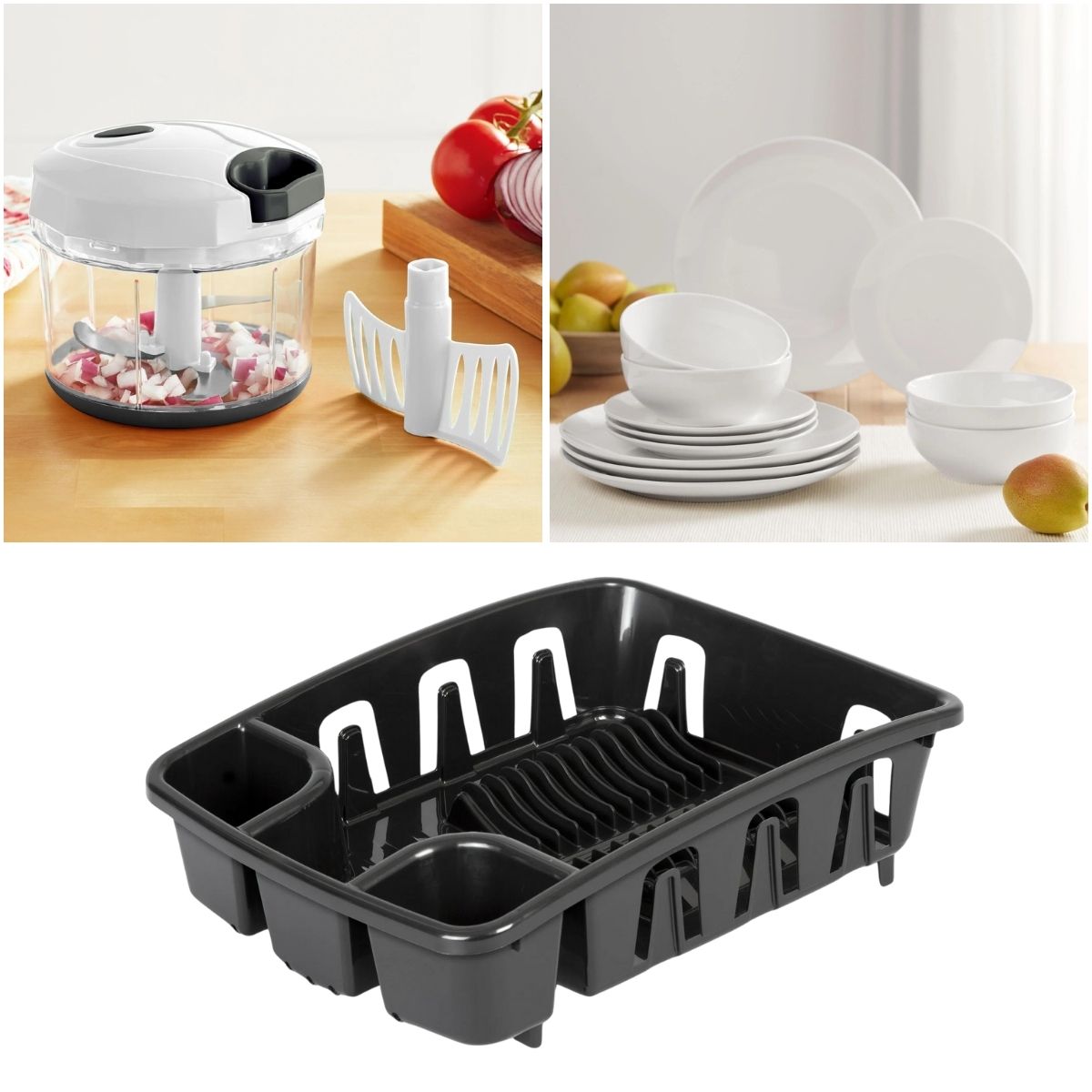 Dish drain rack 4+ Vegetable chopper 3+ 12pc dinnerware set 10