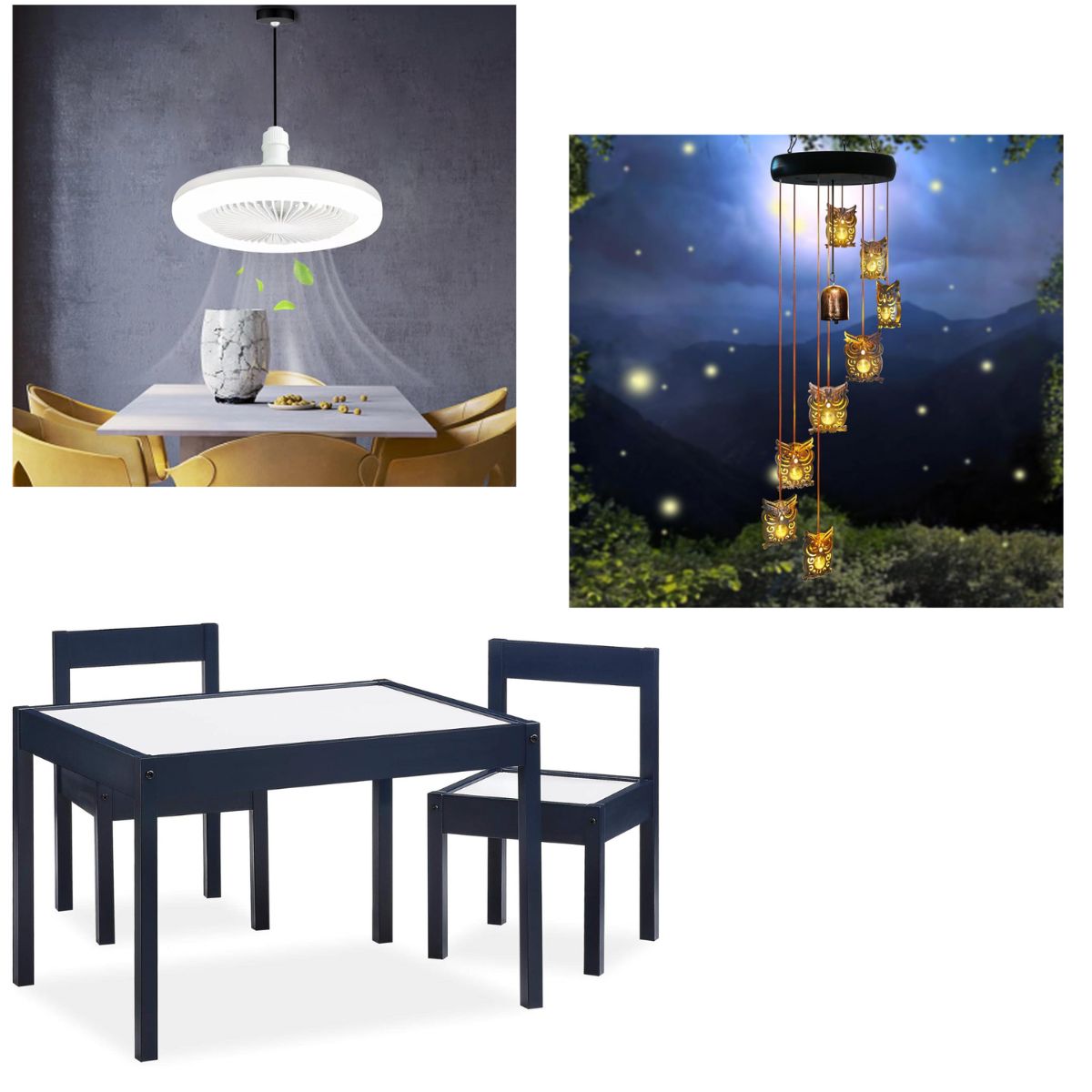 Solar windchimes 9+ Ceiling fan w/ light 10+ Kids table & chair