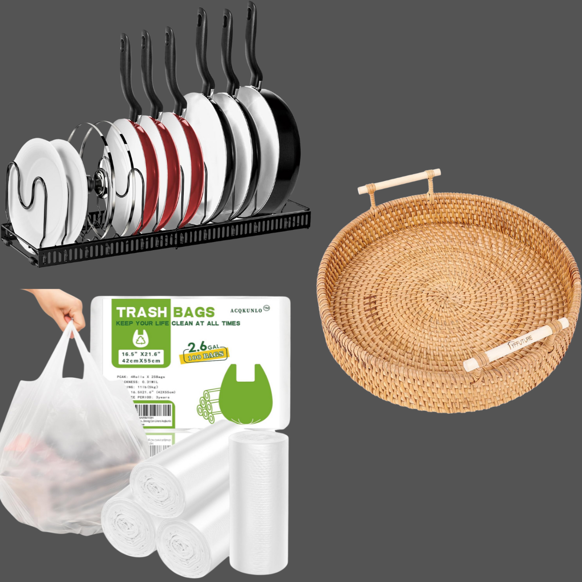 Pot and Pan Org. 11+ Serving Tray 11+ Small Trash Bags 4