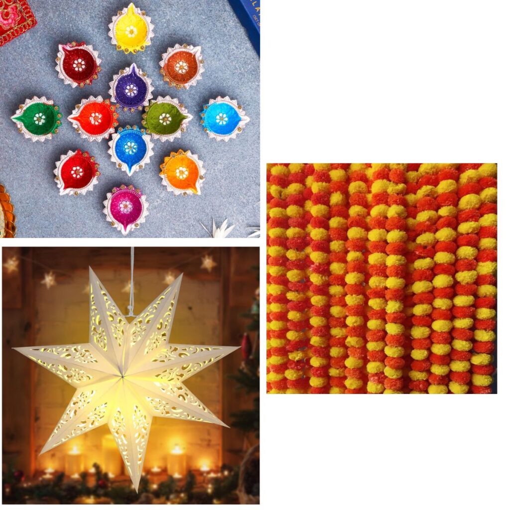 12Pc Diwali Diyas 13+ 5 PC 5 feet Marigold Garland 12+ Star