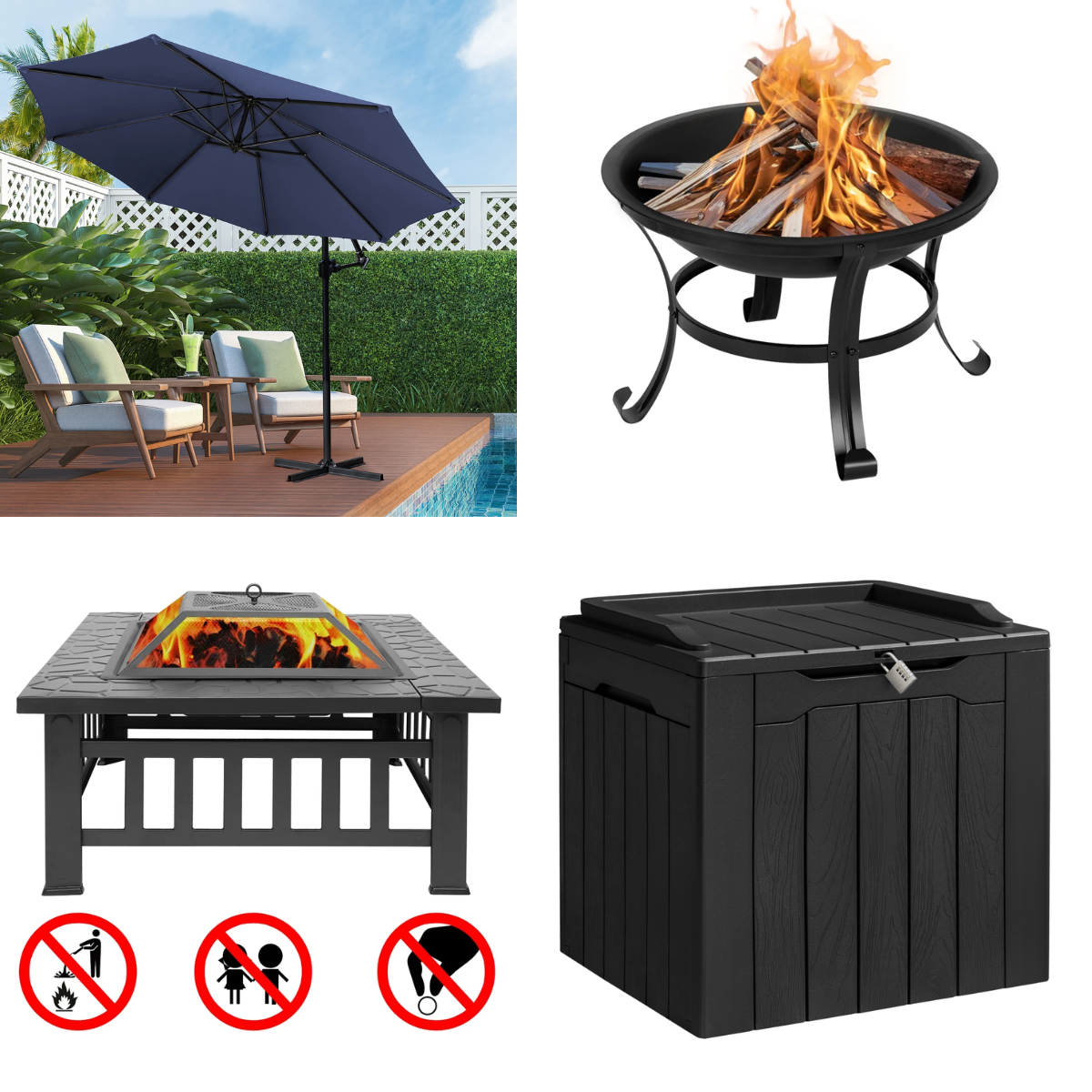 Fire Pit 49+ Patio Umbrella w/ base for 89 Deck Box 41+ Free