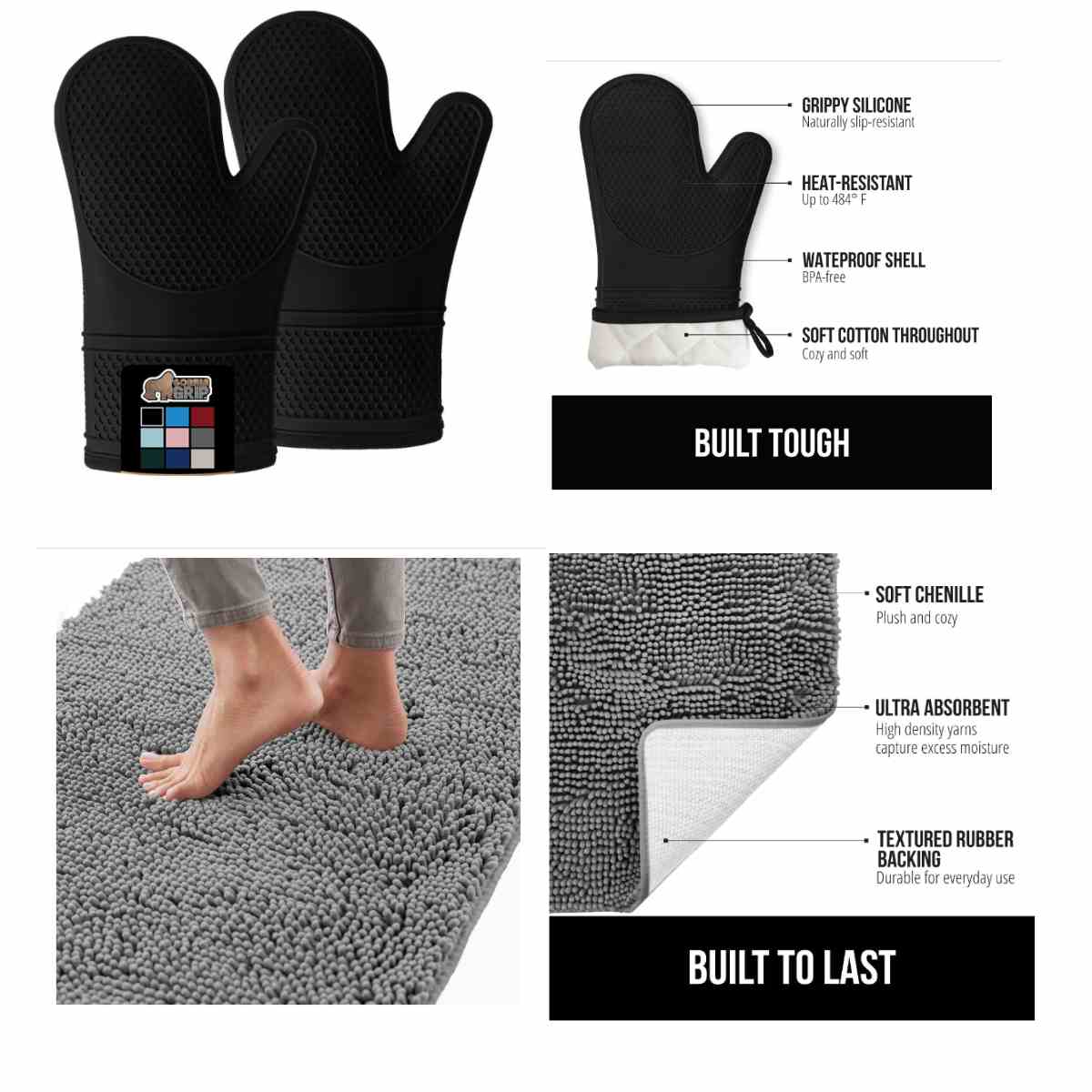 Heat and Slip Resistant Silicone Oven Mitts Set for 14+ Bath Rug Mat