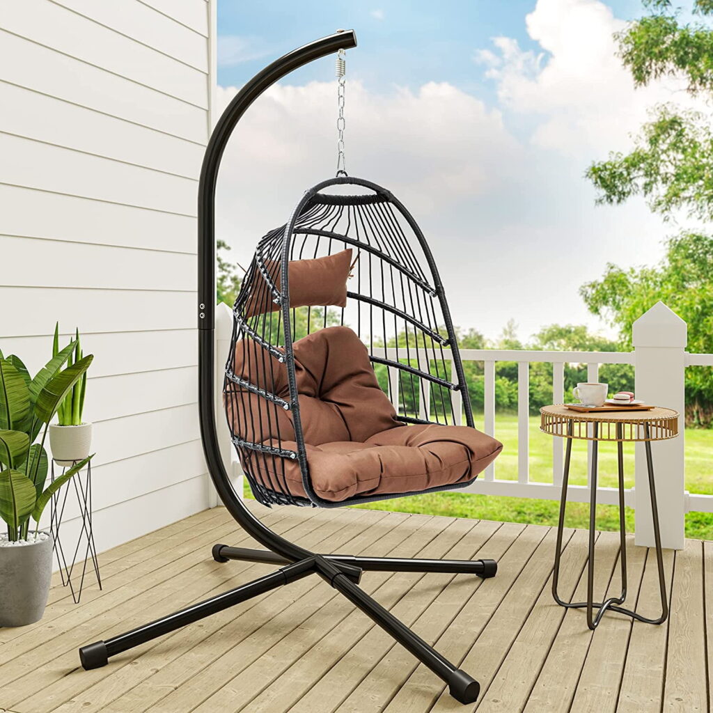 Dextrus Hanging Egg Swing Chair Hammock Chairs Indoor with Steel Stand UV Resistant Cushion 350lbs , Brown