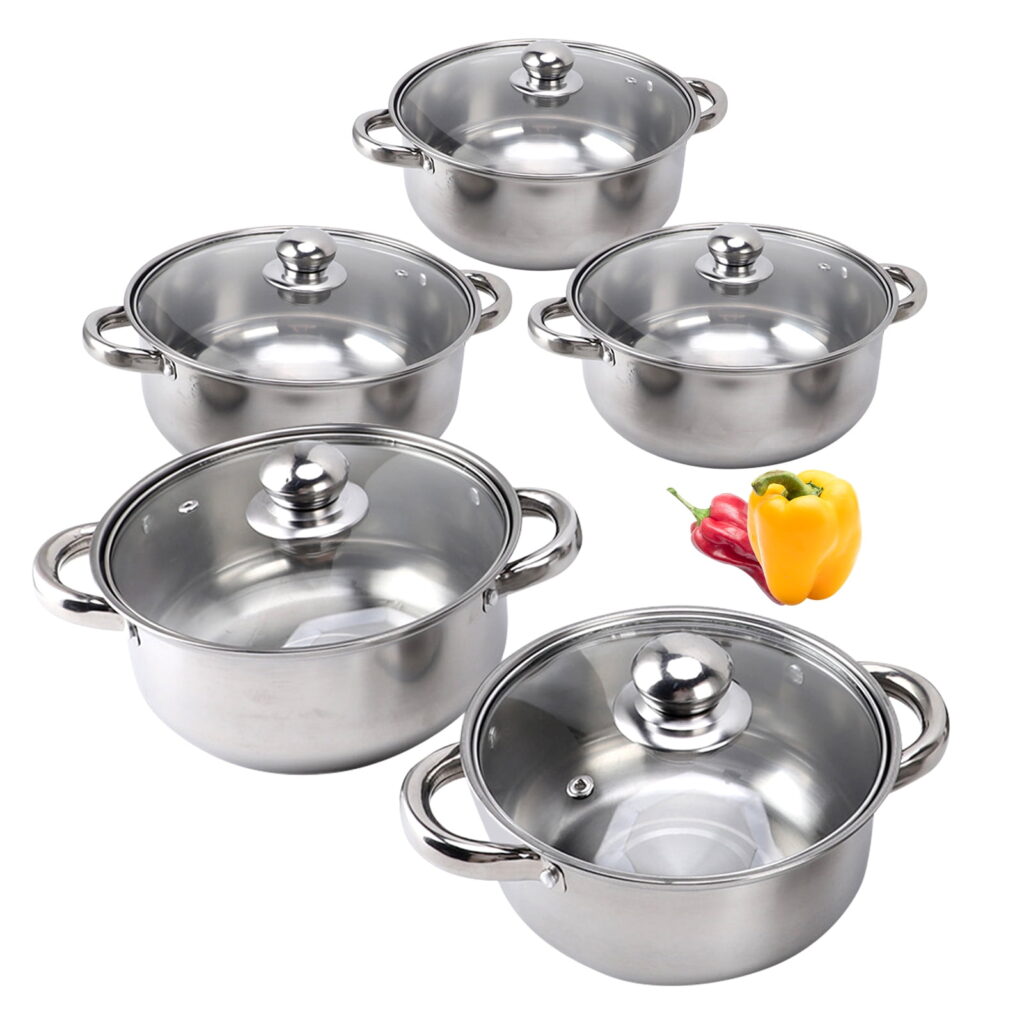 Stainless Steel Pots Sets 10-Piece, Kitchen Cookware Set Saucepan With Glass Lid Stockpot Soup Pot With 2 Ear Handle For Cooking Dishwasher Safe, Silver