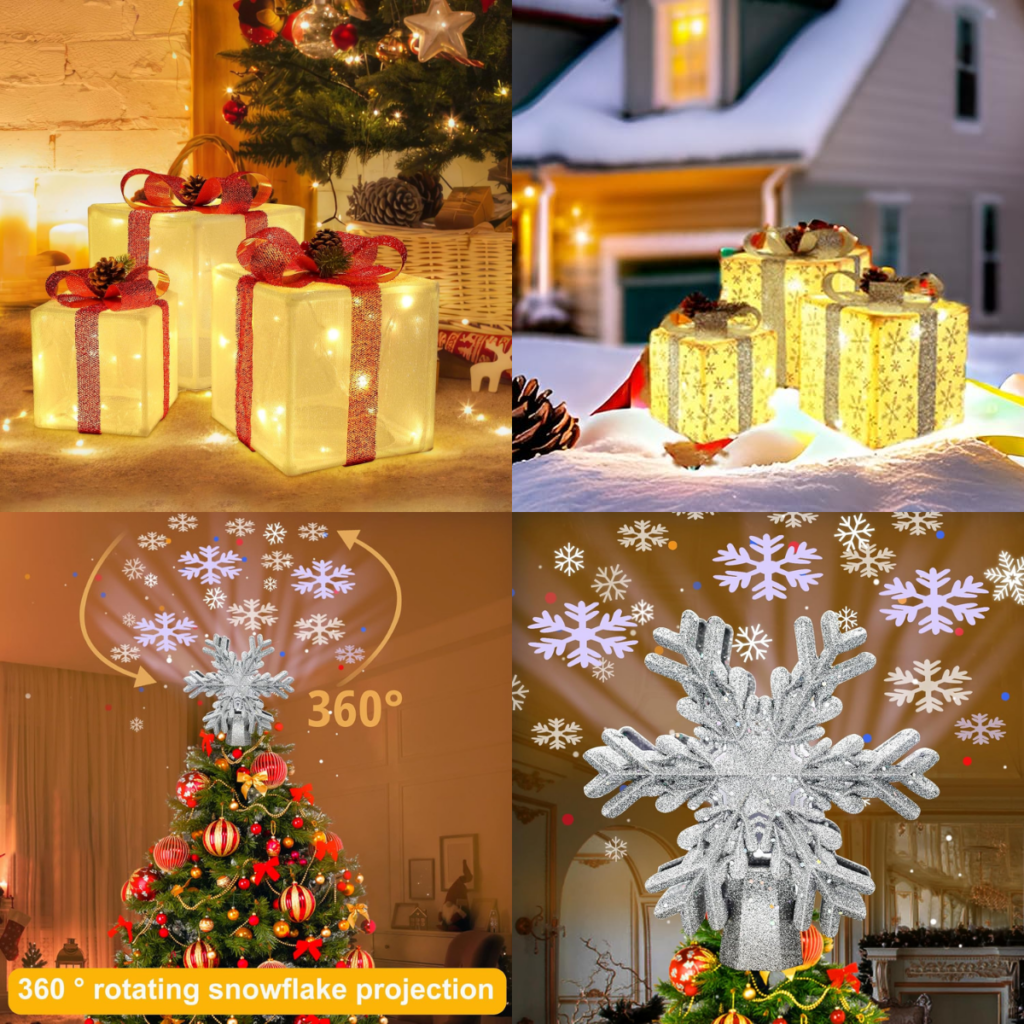 Set of 3 Lighted Gift Boxes 19+ Christmas Tree Topper w/ projector