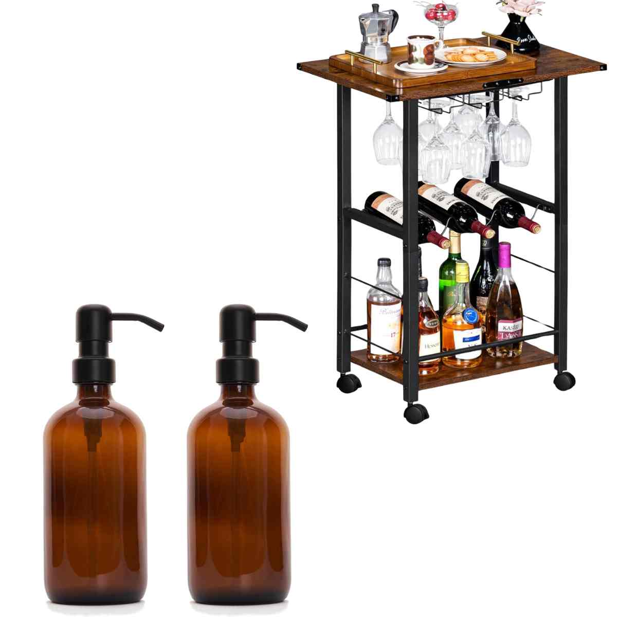 Dish Soap Dispensers Set of 2, 7+ 3Tier Bar Cart with Wheels, Wine