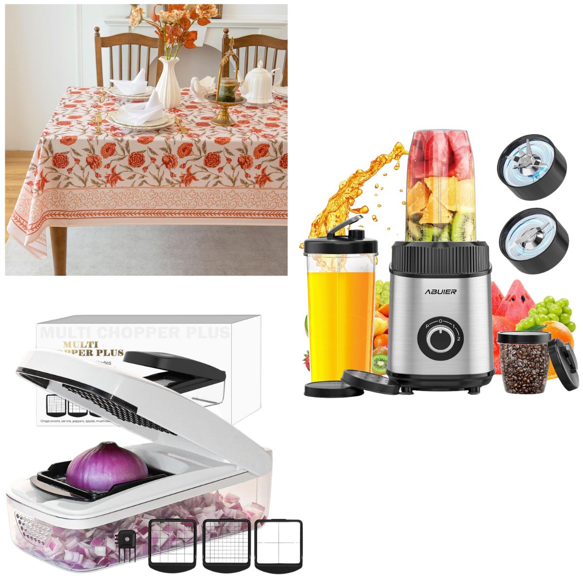 Tablecloth $8+ | Blender $18+ | Vegetable chopper $9+ | Smart Savers