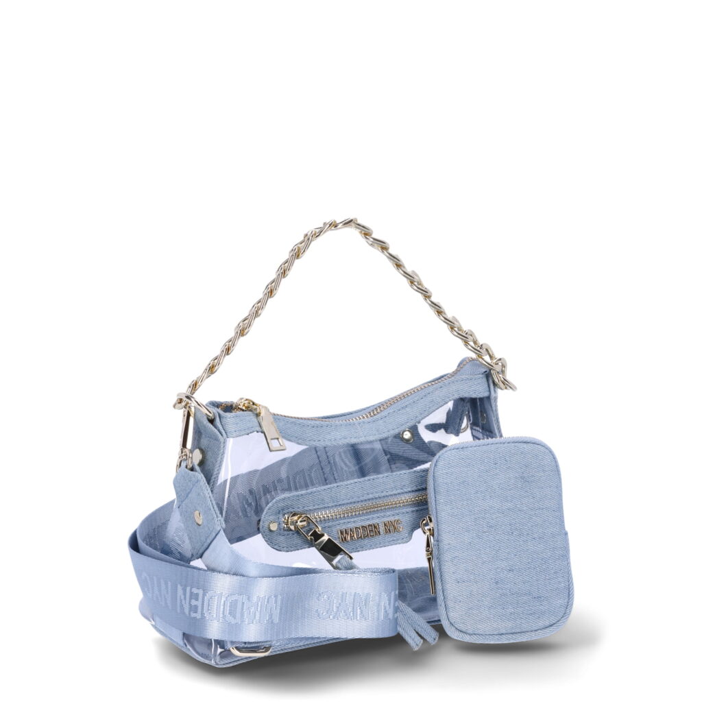 Madden NYC Women’s Clear Hobo Crossbody Handbag with Chain, Denim