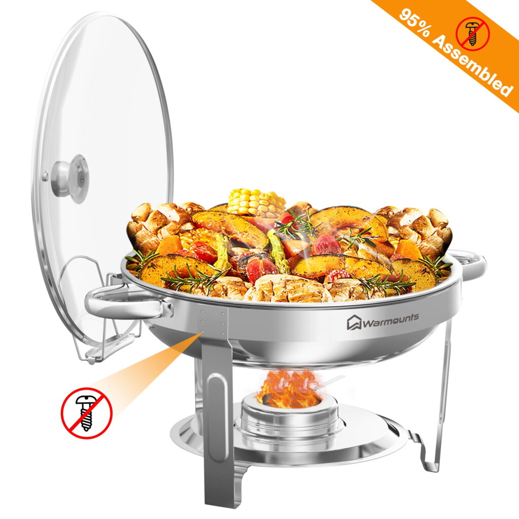 WARMOUNTS 1-Pack Chafing Dish Buffet Set, 5QT Round Buffet Servers and Warmers Set, Stainless Steel Catering Food Warmer with Glass Lid & Holder for Party