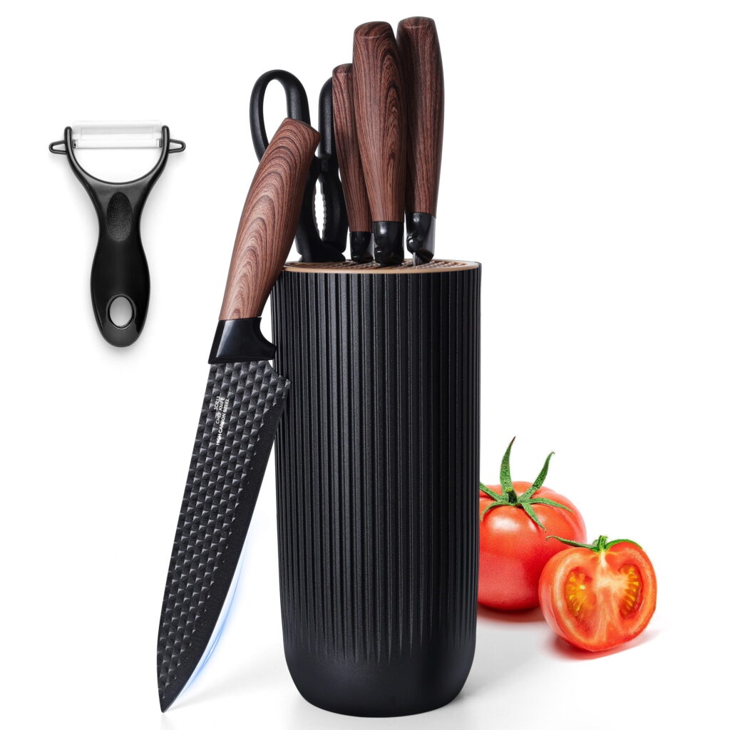 Coliware 6-Piece Knife Set, Stainless Steel Black Professional Kitchen Knife Set for Chef, Super Sharp Knife Set with Universal Knife Block for Home Restaurant