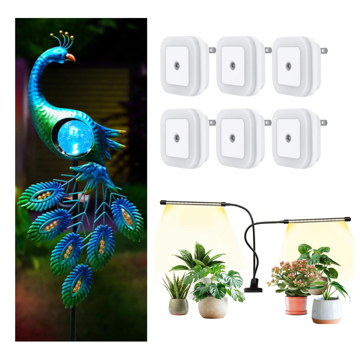 6 motion sensor LEG night lights, 5+ Peacock solar lights, 9