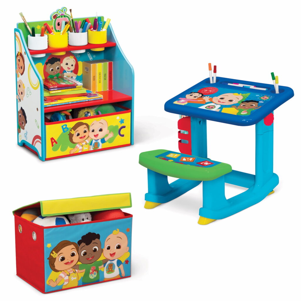 CoComelon 3-Piece Art & Play Toddler Room-in-a-Box by Delta Children – Includes Draw & Play Desk, Art & Storage Station & Fabric Toy Box, Blue