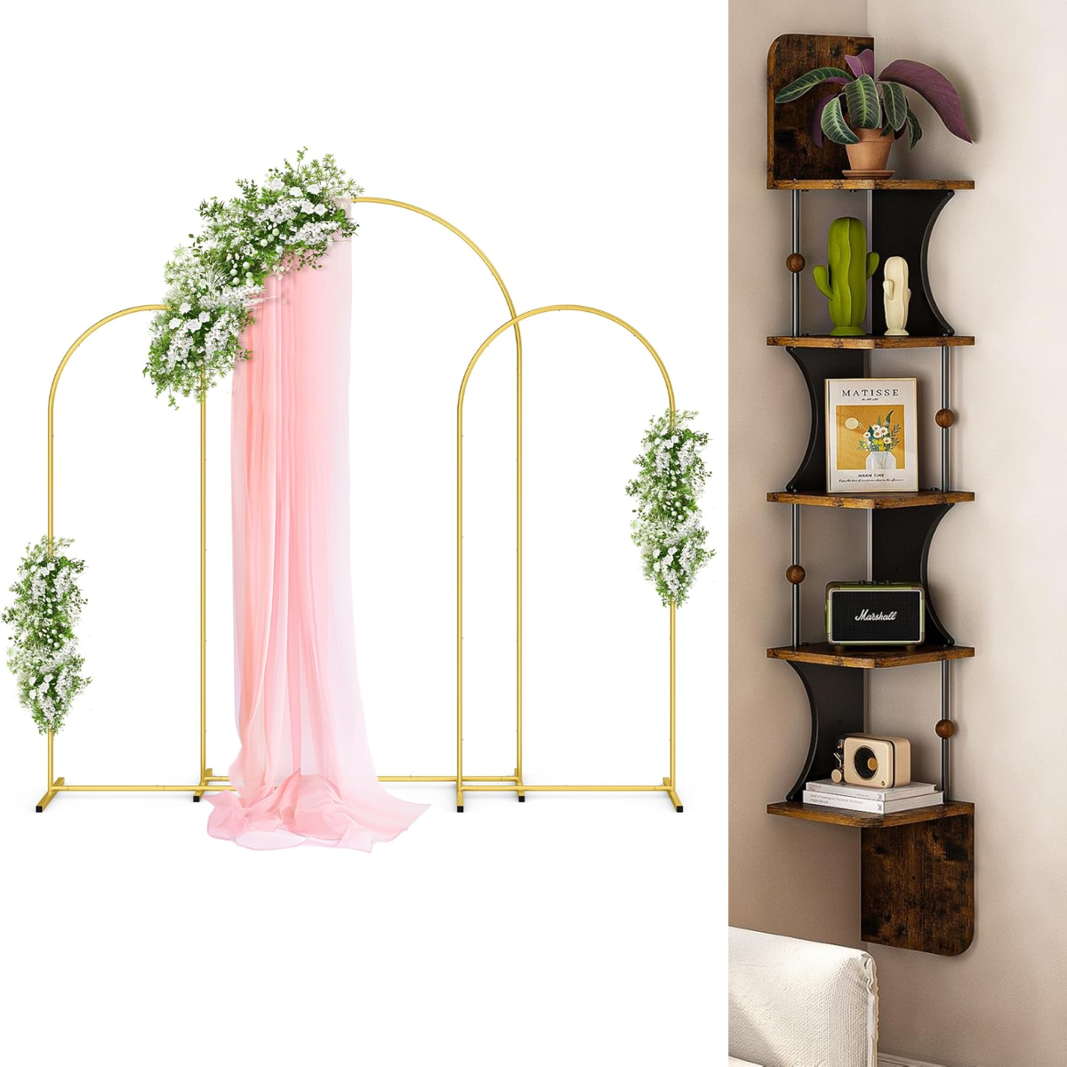 Set of 3 Metal Arch Backdrop Stand 34+ 5Tier Wall Mount Corner