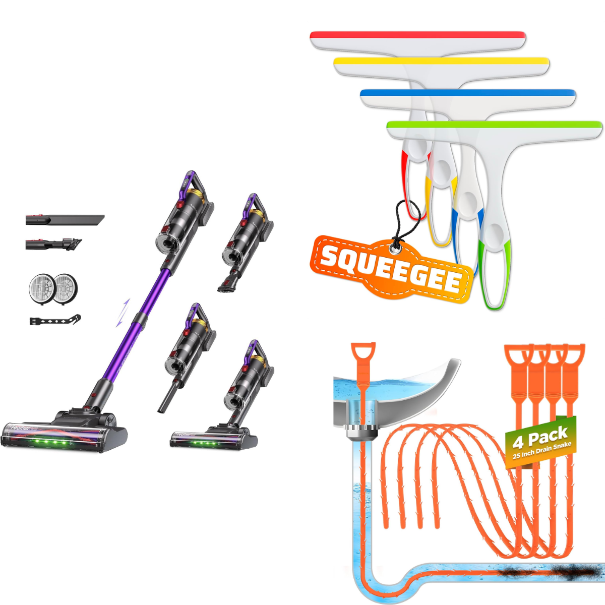 Cordless Vacuum Cleaner $50+ | 4-pack Squeegees $7+ | 4 Pack Drain Clog ...