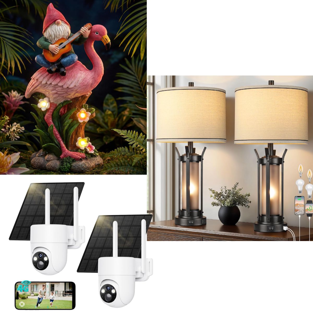 Solar garden statue $12+| 2 Pk Table lamps $39+| 2 Pk Cellular security ...